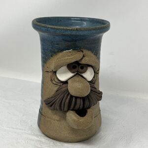 Ugly Funny Face Stoneware Pottery Mug Cup Mustache 3D Studio Art Blue Brown